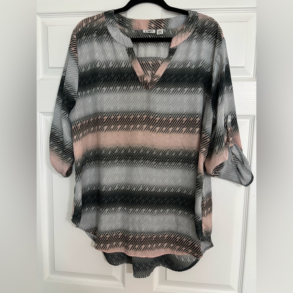 a.n.a Pink and Gray Striped V-Neck Roll-Tab Tunic Blouse